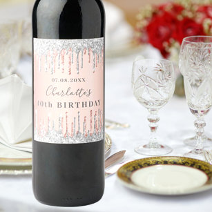 Etiqueta Para Botella De Vino Monograma de purpurina de plata rosa de cumpleaños