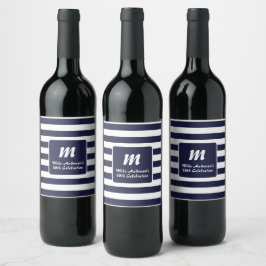 Etiqueta Para Botella De Vino Monograma de raya azul marino y blanco