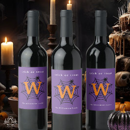 Etiqueta Para Botella De Vino Monograma de telaraña de Halloween para truco o tr