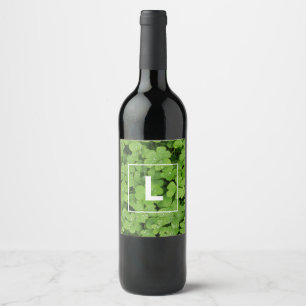 Etiqueta Para Botella De Vino Monograma de trébol afortunado, gotas de lluvia pr