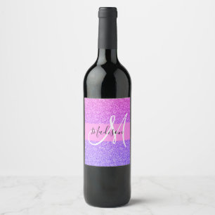 Etiqueta Para Botella De Vino Monograma degradado de Purpurina púrpura glam