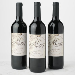 Etiqueta Para Botella De Vino Monograma del Boda de Rosas románticos de la raza