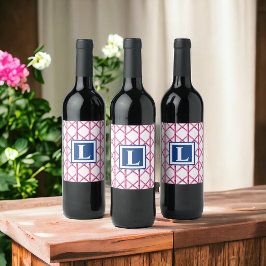 Etiqueta Para Botella De Vino Monograma del patrón de bambú de la marina rosada