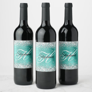 Etiqueta Para Botella De Vino Monograma Elegante con Purpurina Plateada y Foil T