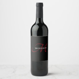 Etiqueta Para Botella De Vino Monograma elegante moderno de escritura roja negra