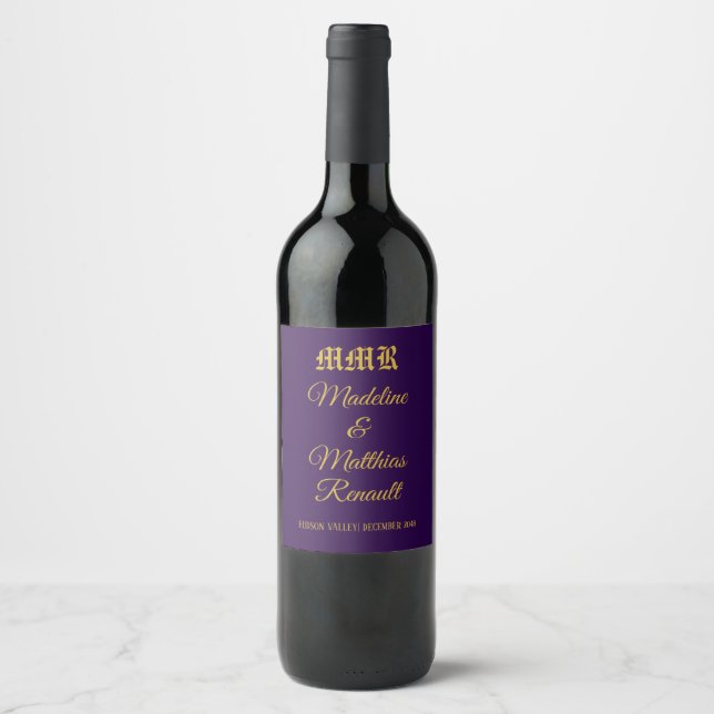 Etiqueta Para Botella De Vino Monograma elegante morado oscuro y Boda dorado (Anverso)