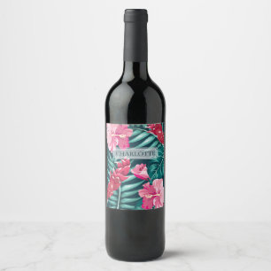 Etiqueta Para Botella De Vino Monograma floral de verano exótico