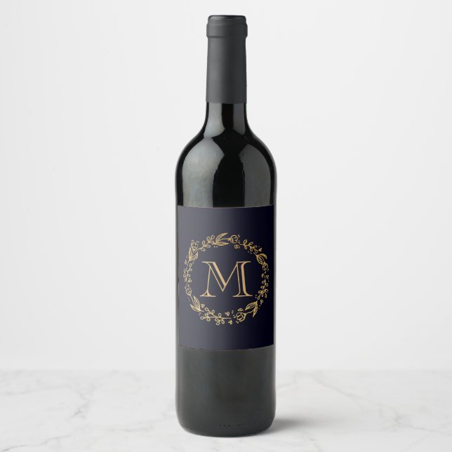 Etiqueta Para Botella De Vino Monograma Floral Dorado (Anverso)