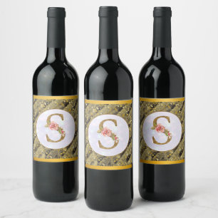 Etiqueta Para Botella De Vino Monograma Floral Personalizado, De A a Z  Dorado