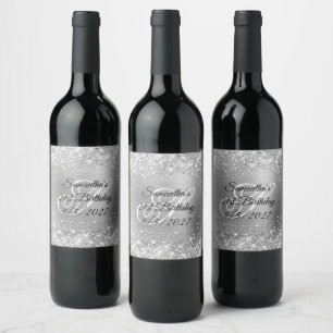 Etiqueta Para Botella De Vino Monograma Glam Glitter Plateado Cumpleaños 21