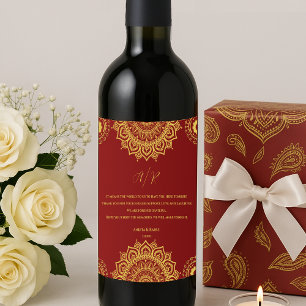 Etiqueta Para Botella De Vino Monograma Mandala roja Favor de la boda india