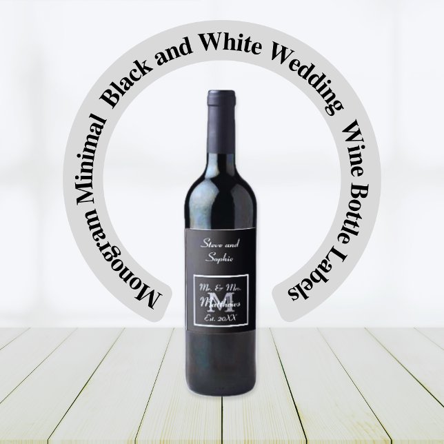 Etiqueta Para Botella De Vino Monograma mínimo | Boda blanco y negro (Monogrammed Wedding Wine Bottle Label)