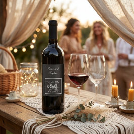 Etiqueta Para Botella De Vino Monograma Mínimo | Boda en Blanco y Negro