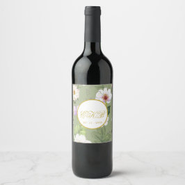 Etiqueta Para Botella De Vino Monograma moderno elegante de floral dorada verde