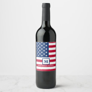 Etiqueta Para Botella De Vino Monograma Personalizado De Bandera Estadounidense