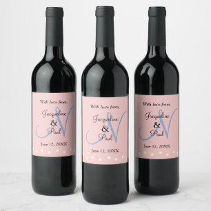 Etiqueta Para Botella De Vino Monograma Rosa de puntos de Polka Azul