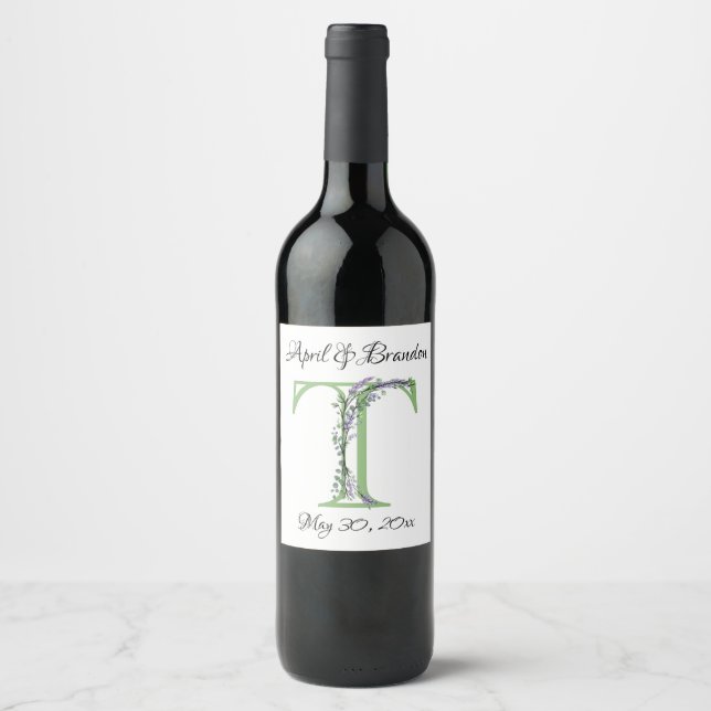 Etiqueta Para Botella De Vino Monograma T Lavender Eucalyptus (Anverso)