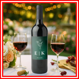 Etiqueta Para Botella De Vino Monograma verde esmeralda Boda de flores silvestre