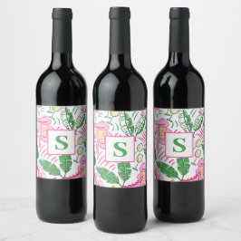 Etiqueta Para Botella De Vino Monograma verde rosado del vino de la laguna
