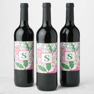 Etiqueta Para Botella De Vino Monograma verde rosado del vino de la laguna