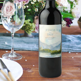 Etiqueta Para Botella De Vino Montaña Lake Boda Watercolor al aire libre