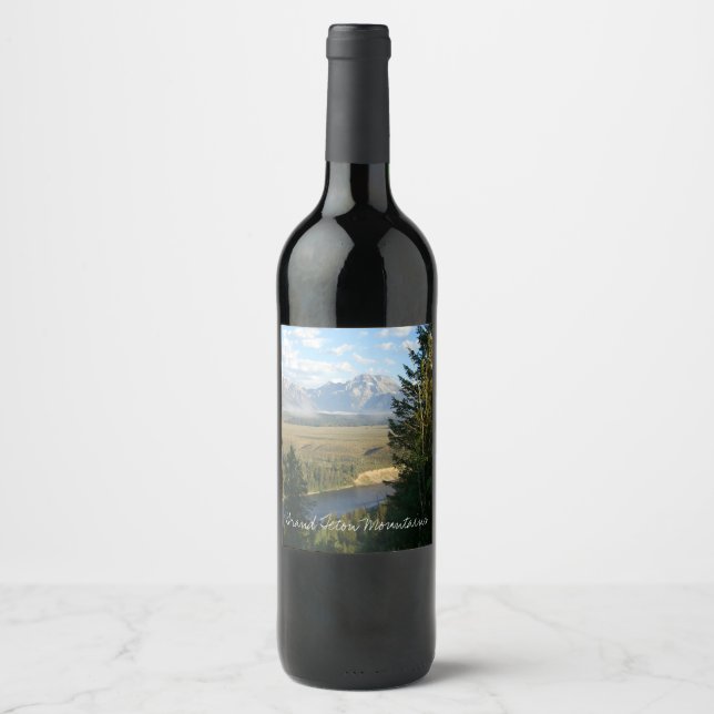 Etiqueta Para Botella De Vino Montañas Jackson Hole y río (Anverso)