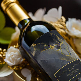 Etiqueta Para Botella De Vino Moody Ink Charcoal Gold Abstract ID988