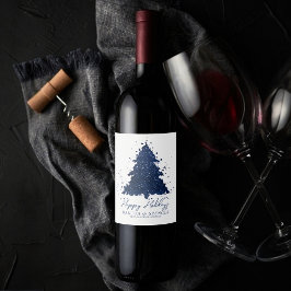 Etiqueta Para Botella De Vino Moody Merry Christmas | Árbol azul de la Marina Os