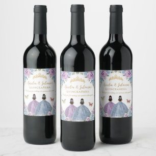 Etiqueta Para Botella De Vino Morado Lilac Bebé Blue Floral Twins Quinceañera