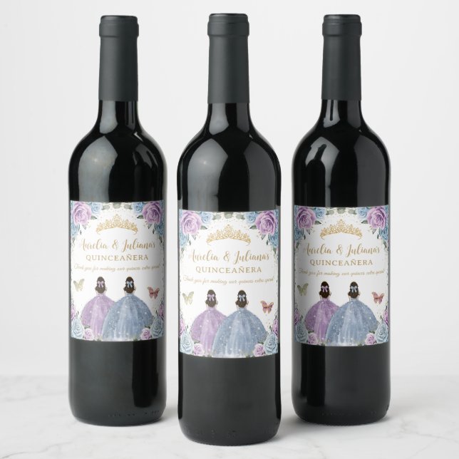 Etiqueta Para Botella De Vino Morado Lilac Bebé Blue Floral Twins Quinceañera (Botellas)