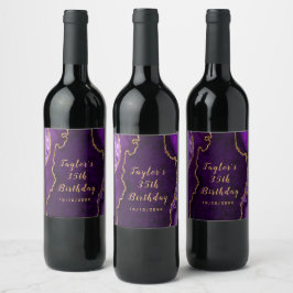 Etiqueta Para Botella De Vino Morado y oro Agate Marble Cumpleaños