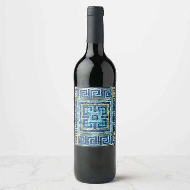 Etiqueta Para Botella De Vino Mosaico Tile Griego Meander Key (Anverso)