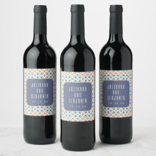 Etiqueta Para Botella De Vino Motivo de baldosas geométricas vintage azul boda p