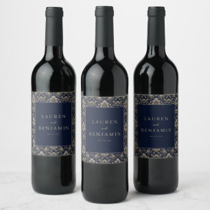 Etiqueta Para Botella De Vino Motivo Floral Azul Marino Sofisticado