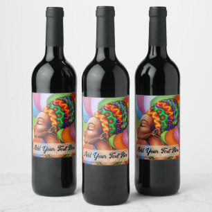 Etiqueta Para Botella De Vino Mujer africana con tejidos tradicionales de cera