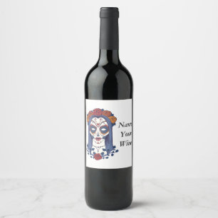 Etiqueta Para Botella De Vino Mujer Día de Muertos