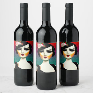 Etiqueta Para Botella De Vino Mujer Flapper Pintada Vintage