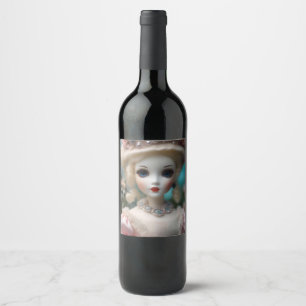 Etiqueta Para Botella De Vino Muñeca Vintage con ojos azules,