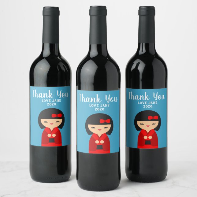 Etiqueta Para Botella De Vino Muñecas japonesas Cute Red Kokeshi (Botellas)