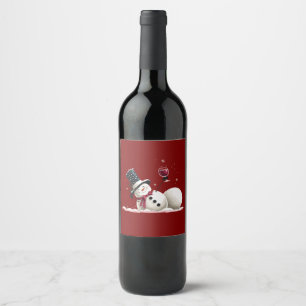 Etiqueta Para Botella De Vino Muñeco de nieve con regalo de Navidad de vino vaca