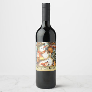 Etiqueta Para Botella De Vino Muñeco de nieve del navidad del vintage con la