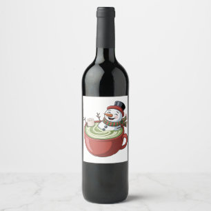 Etiqueta Para Botella De Vino Muñeco de nieve en bañera de Matcha divertido Navi