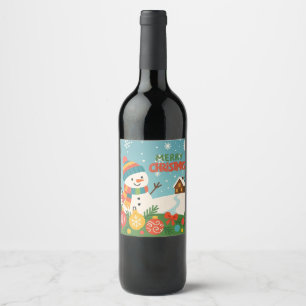 Etiqueta Para Botella De Vino Muñeco de nieve rústico verde vintage lindo