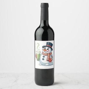 Etiqueta Para Botella De Vino Muñeco de nieve sosteniendo bebida de matcha Amant