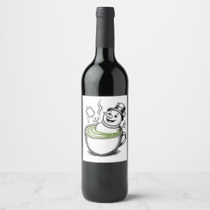 Etiqueta Para Botella De Vino Muñeco de nieve tomando baño de Macha en Navidad 