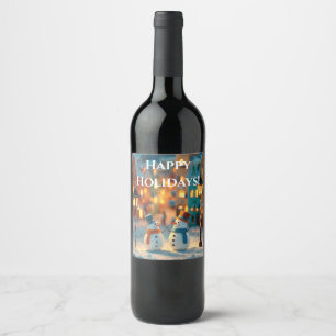 Etiqueta Para Botella De Vino Muñecos de nieve en un pueblo mágico y colorido de