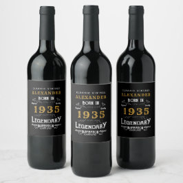 Etiqueta Para Botella De Vino Nacido en 1935 en el 90º cumpleaños, negro vintage