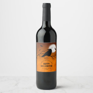 Etiqueta Para Botella De Vino Naranja Black Raven Bats Full Moon Halloween Party