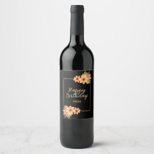 Etiqueta Para Botella De Vino Naranja de moda Red Fall Flora Nacimiento Negro