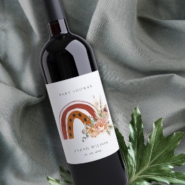 Etiqueta Para Botella De Vino Naranja de óxido puro Boho Floral Rainbow Baby Sho